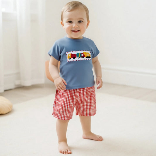 0-4Y Toddler Kids Boys Summer Clothes Sets Car Embroidery Short Sleeve Round Neck T-Shirts Plaid Elastic Waist Shorts