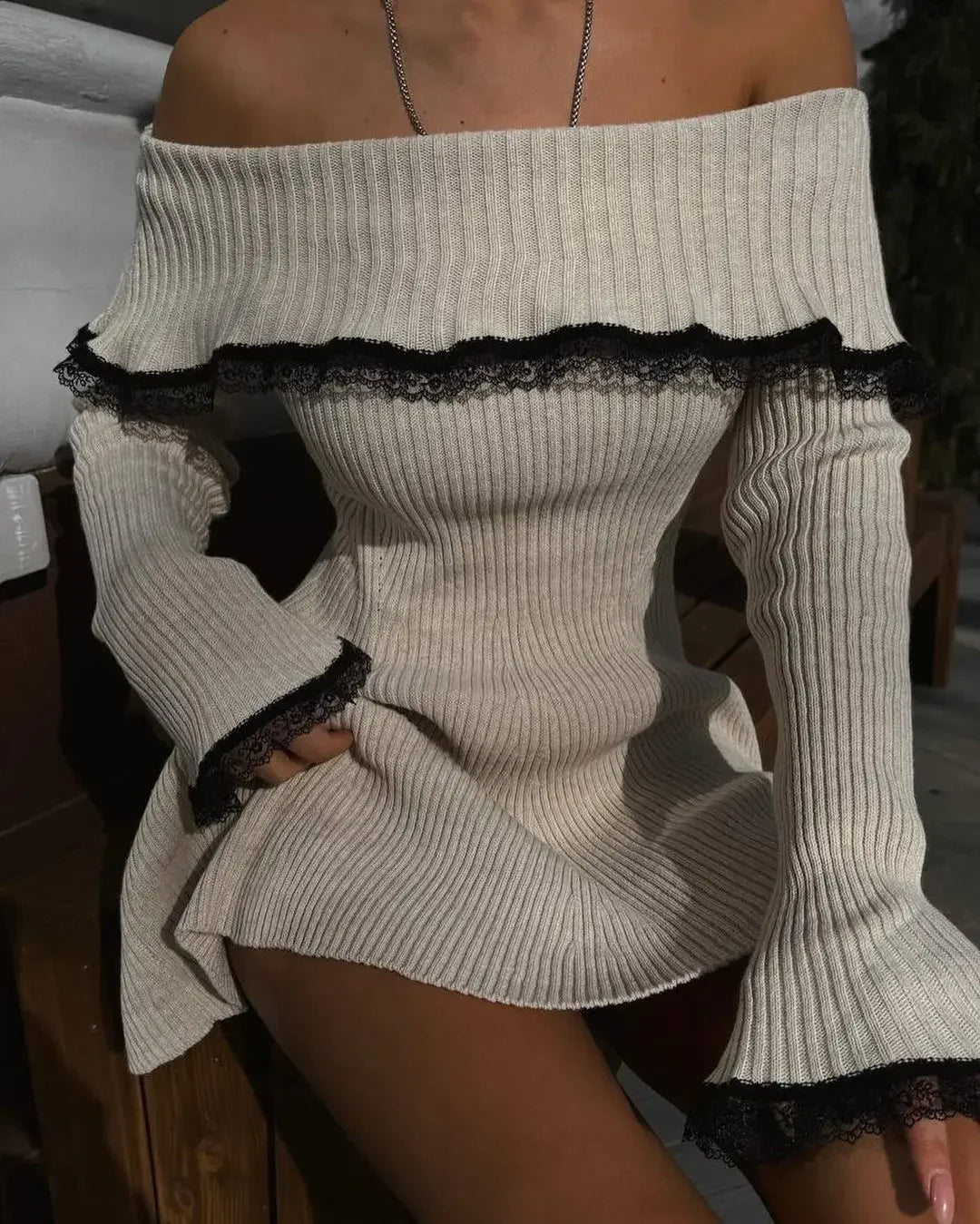 Women's Knit Off-Shoulder Sweater Mini Lace Patchwork Ribbed Slim Backless Elegant Party Knitwear Dress