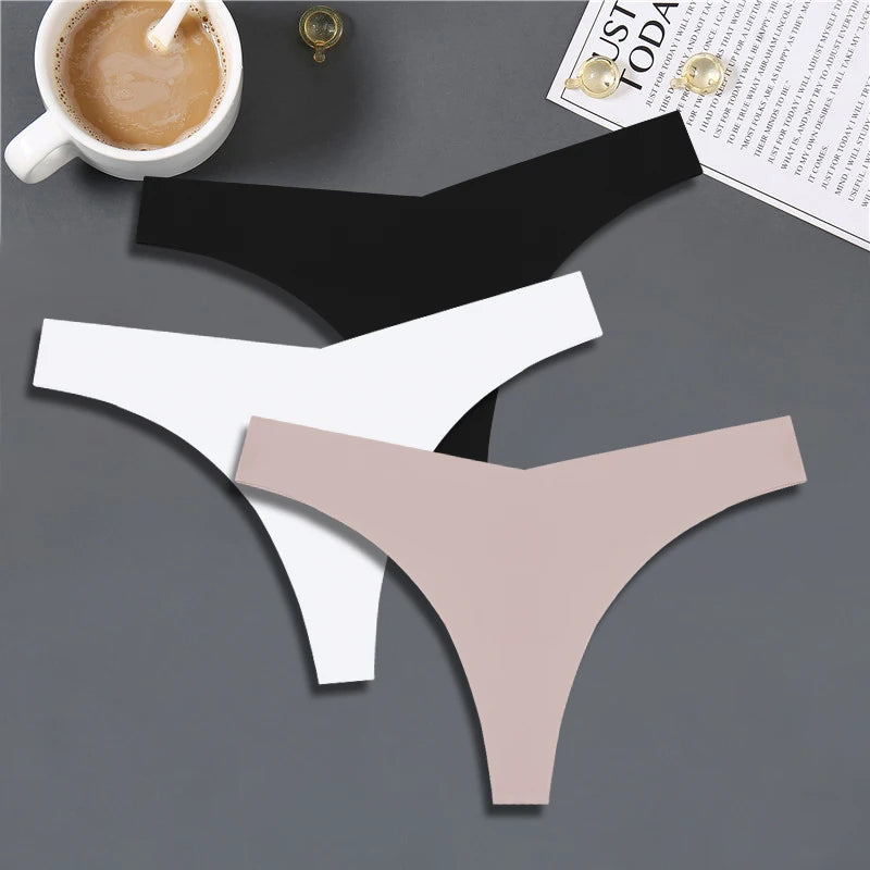 3PCS Women Ice Silk Seamless Underpants Panties, V-Waist Sport Thongs Low Rise 10 Solid Colours Breathable G-string