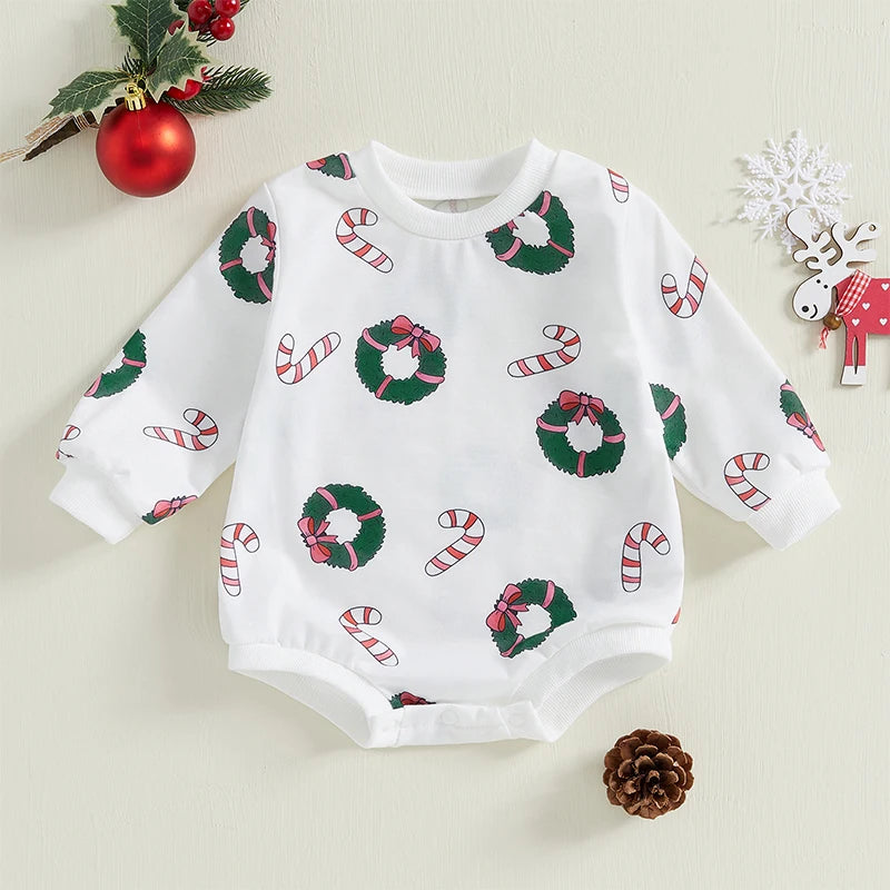 Christmas Candy Cane and Tree Print Romper - Baby Boys Girls Jumpsuit
