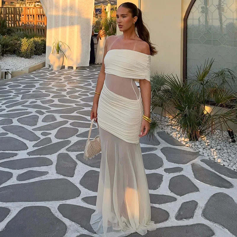 Women's Off Shoulder Ruched Mesh Maxi Dress - Backless Summer Club Dress