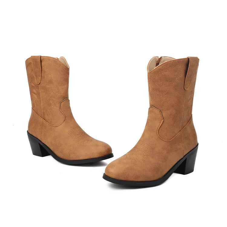 Totem Embroidered Ankle Boots - Pointed Toe Chelsea Boots with 6cm Wedge Heel