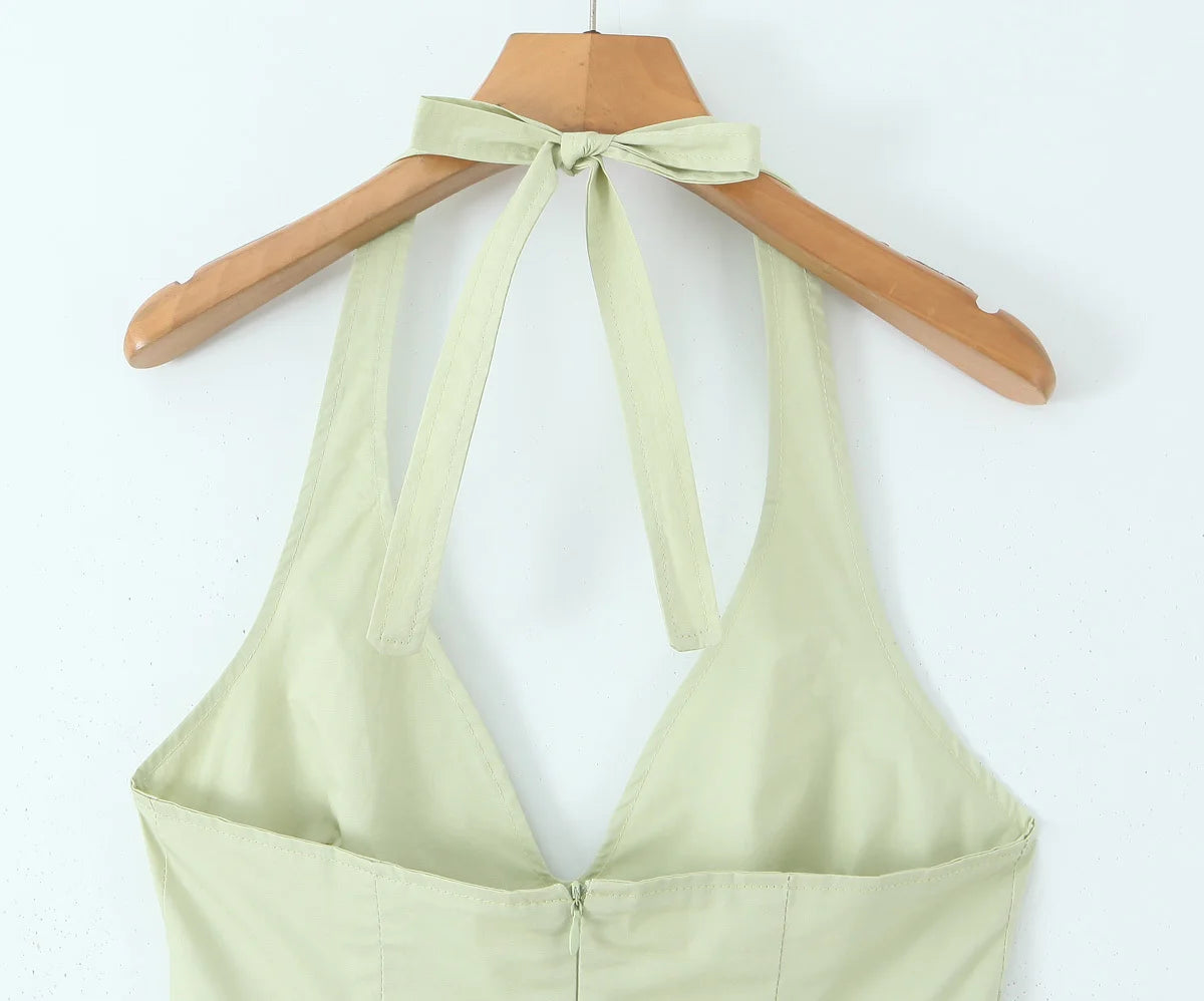 Backless Green Halter Dress - Elegant Low Waist A-Line Midi Dress
