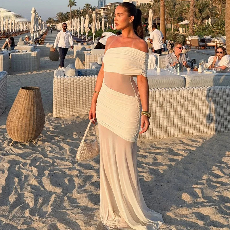 Women's Off Shoulder Ruched Mesh Maxi Dress - Backless Summer Club Dress