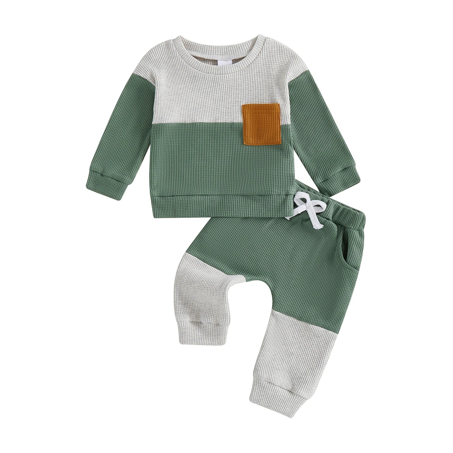 Casual Baby Boys Clothes Set - Long Sleeve Waffle Top & Elastic Waist Pants (0-3Y)