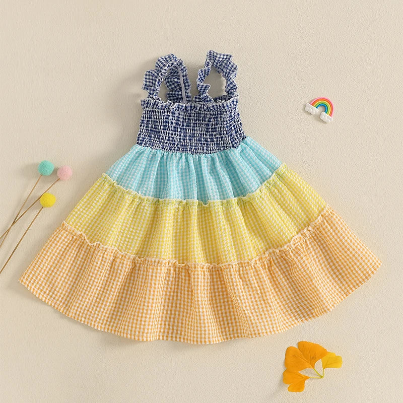 0-4Y   Kids Girls Summer Dress Colorful Plaid Striped Print Sleeveless Suspender Smocked A-Line Dress