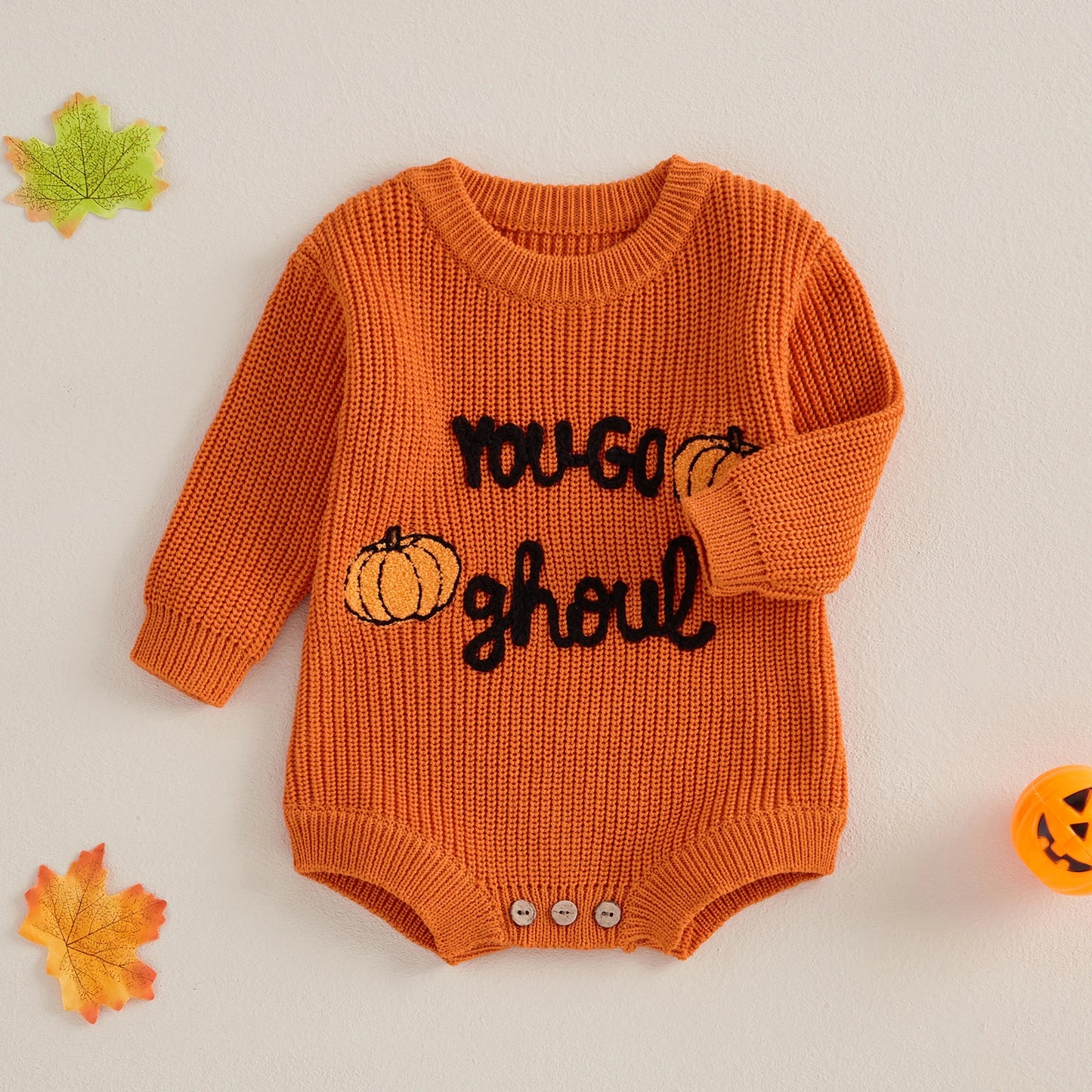 0-12M Baby Girls Boys Halloween Sweater - Romper Letter Ghost Embroidery Crew Neck Long Sleeve Jumpsuit