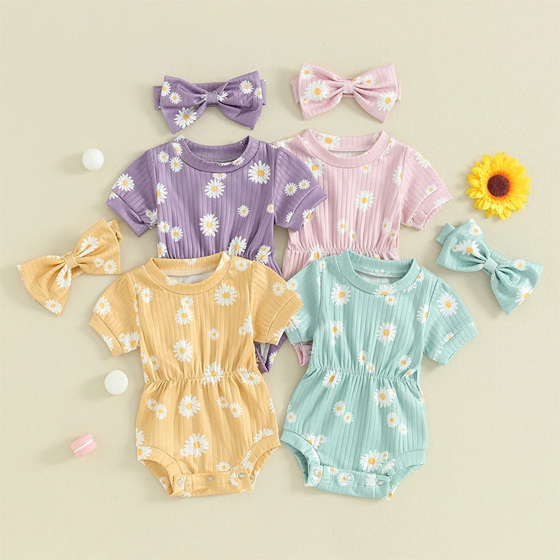 0-18M 2pcs Baby Romper Short Sleeve Sunflowers Print Elastic Waist Jumpsuits with Hairband