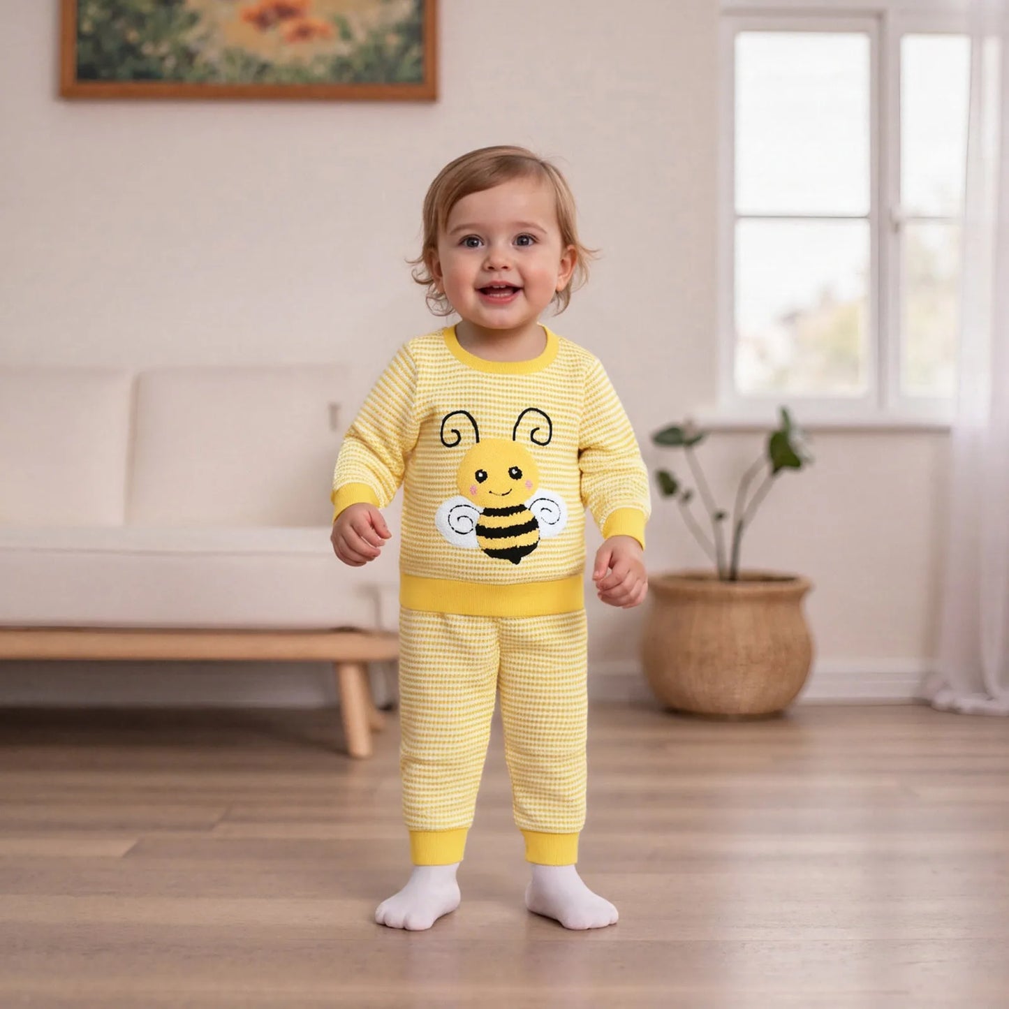 Toddler Autumn Winter Clothes Set - Striped Bee Embroidery Sweatshirt & Elastic Pants (0-3Y)