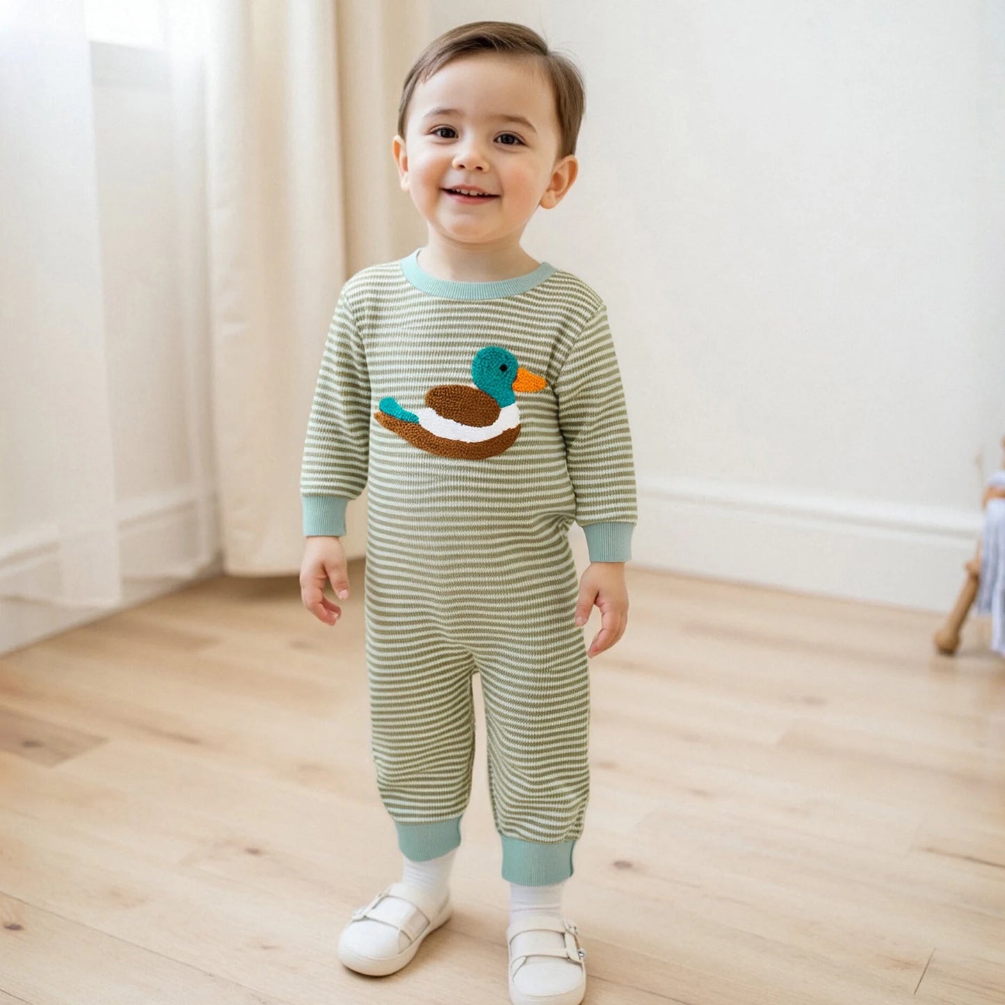 Baby Boys Striped Romper with Duck Embroidery - Long Sleeve Autumn Jumpsuit (0-18M)