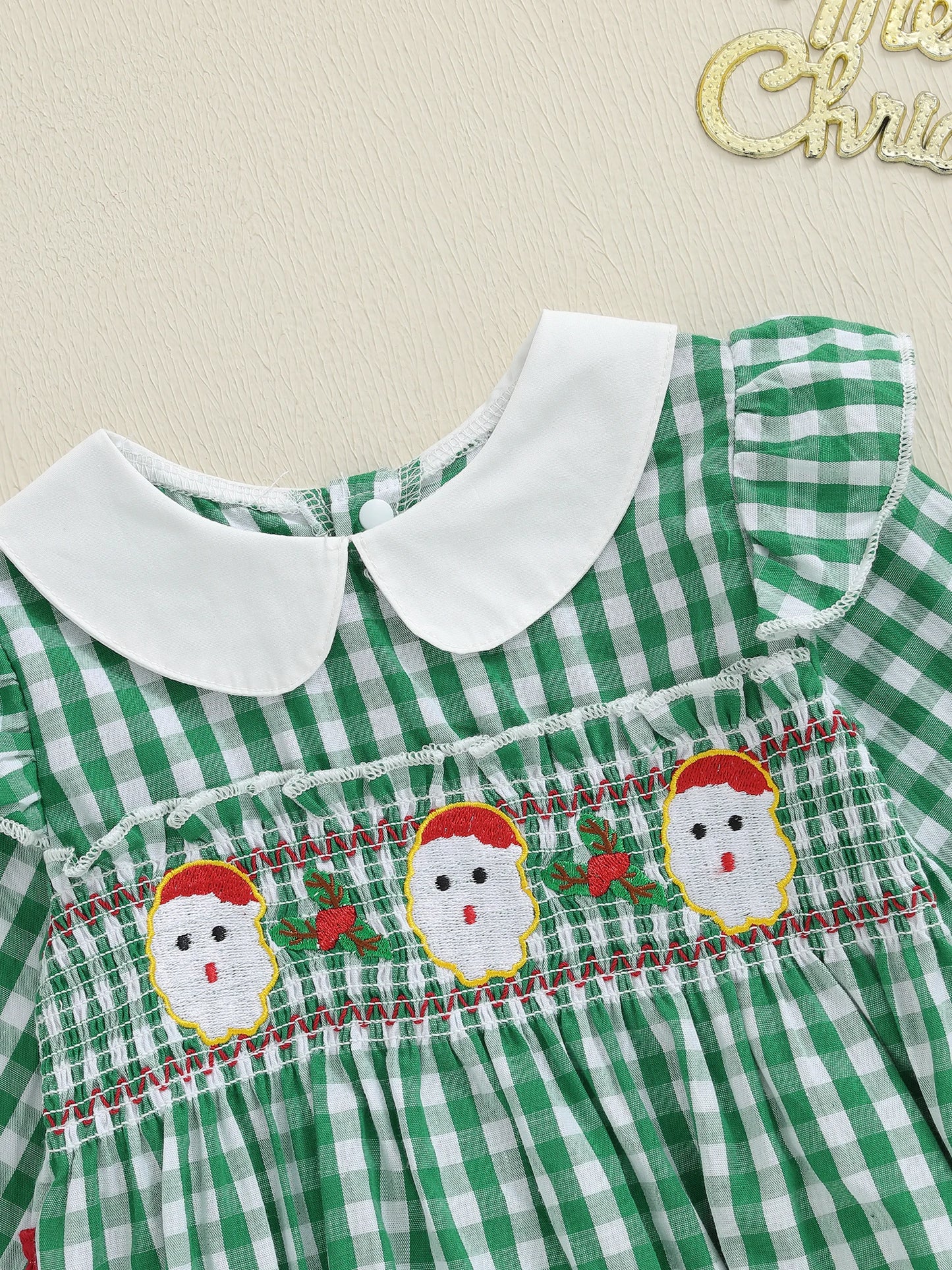 Baby Girls Christmas Romper - Plaid Santa Embroidery Long Sleeve Jumpsuit