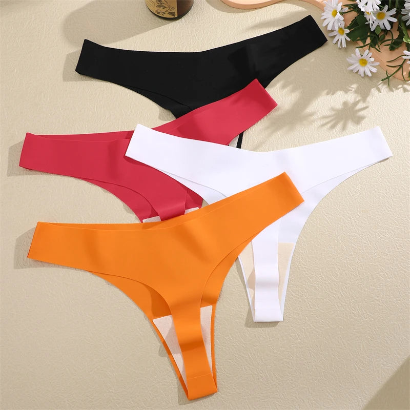 3PCS Women Ice Silk Seamless Underpants Panties, V-Waist Sport Thongs Low Rise 10 Solid Colours Breathable G-string