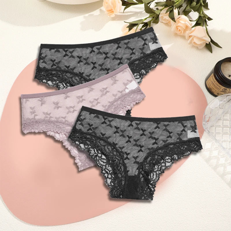 Women's Lace Underwear 3-Piece Set - Floral Hollow Out Briefs
