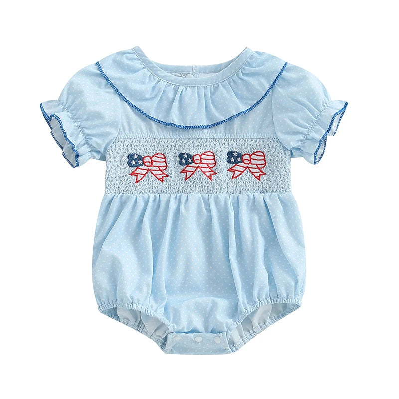 Baby Girls' Independence Day Romper - Dot Print Bow Flag Embroidery Ruffled Jumpsuit