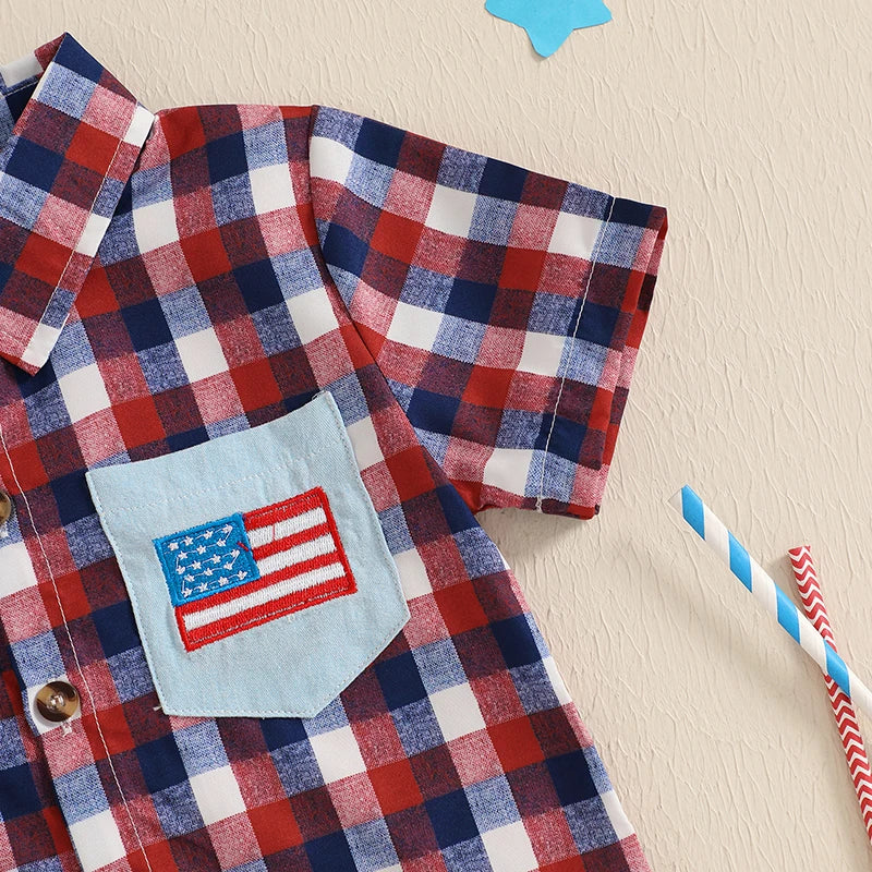 0-5Y American Flag Kids Boys Shirts Short Sleeve Plaid Print Button Down Shirts Toddler Summer Top