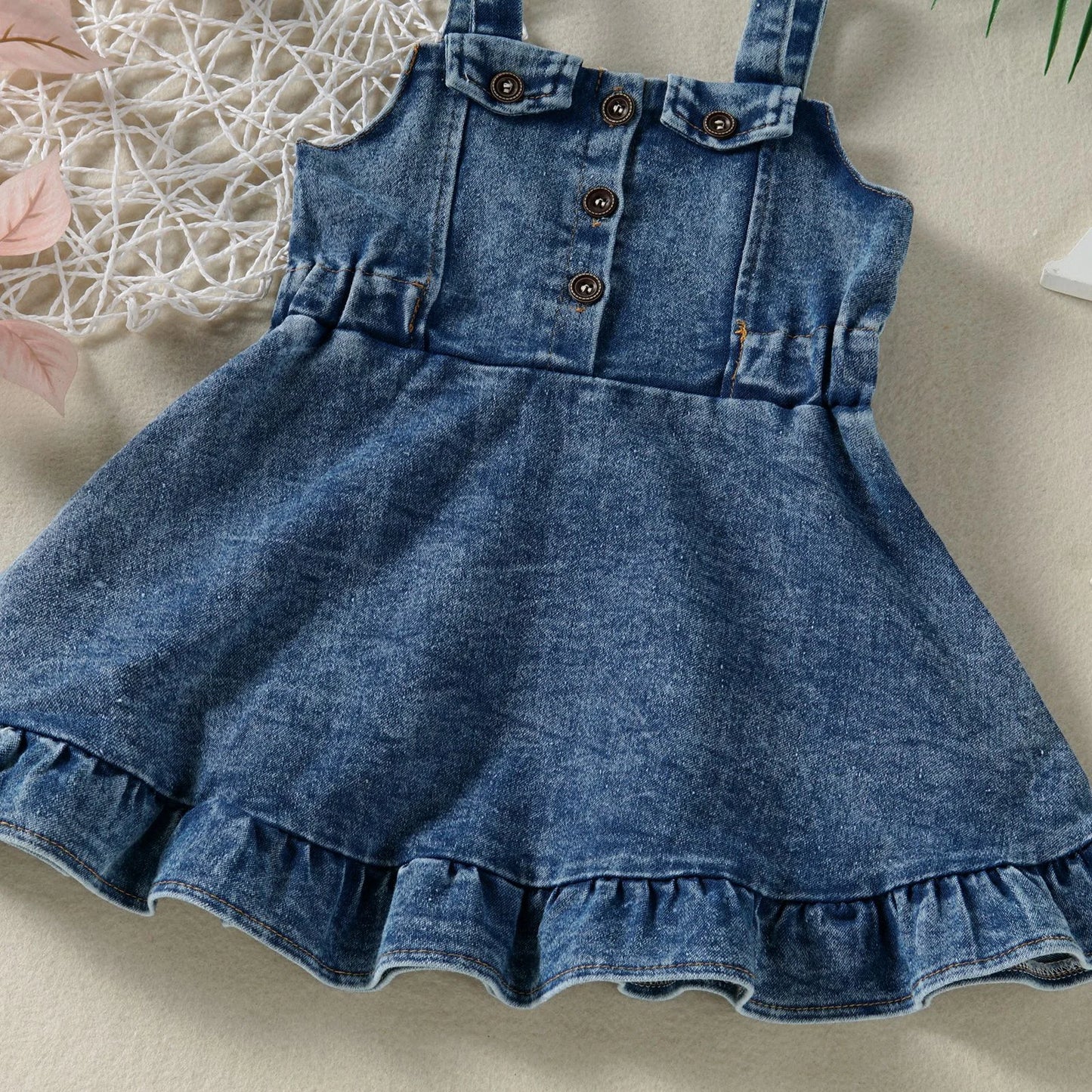 0-4Y Kids Girls Denim Ruffles Sleeveless Strap Button A-Line Sundress