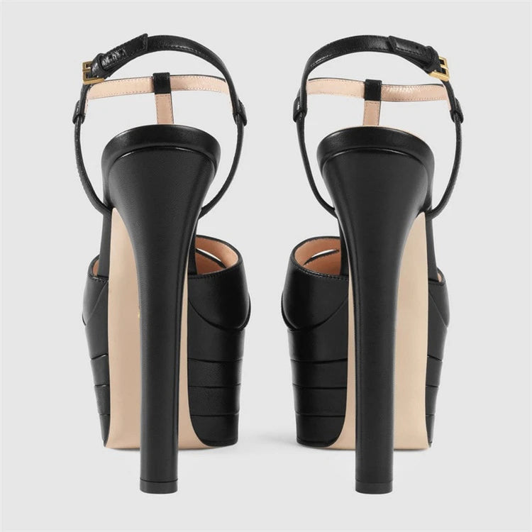 Women's Leather Platform Sandals - Wedge Heel Rivet T-Strap Sandals