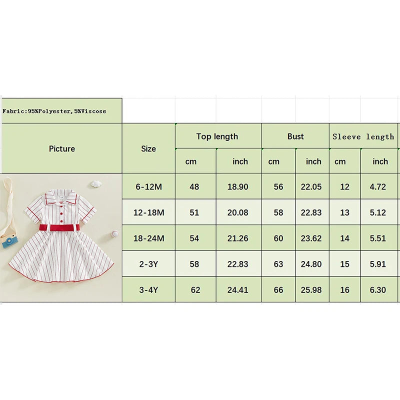 0-4Y Kids Girls Summer Baseball Dress Striped Short Sleeve Single Breasted Back Letter Print Dress with Belt