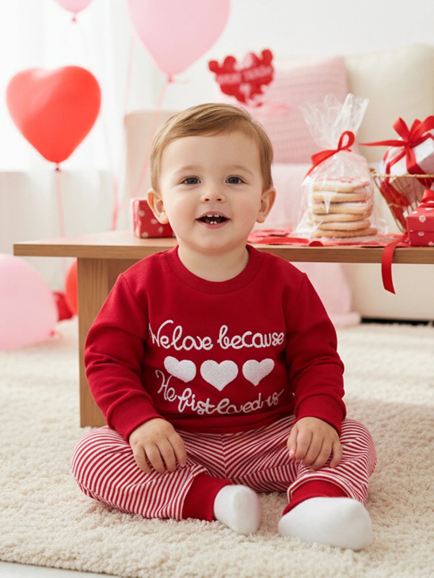 Valentine's Day Baby Boys Outfit Set - Heart Embroidery Sweatshirt & Stripe Pants