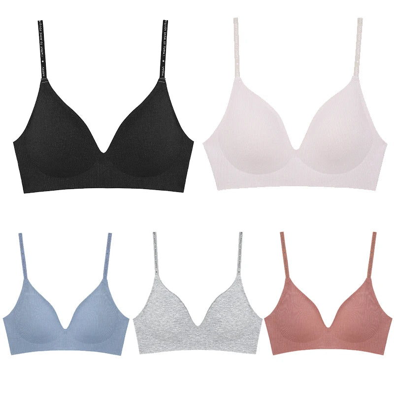 Women's 3/5Pcs/set Wireless Bra Deep V Padded Bralette Stripe Knitting Bras