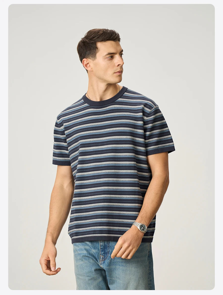 Men's Premium Knitted Striped T-Shirt - 14 Gauge Jacquard Regular Fit