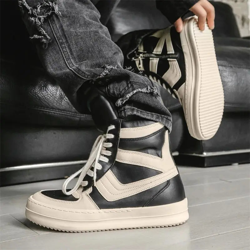 Men's High-Top Leather Sneakers - Lace-Up Ankle Boots