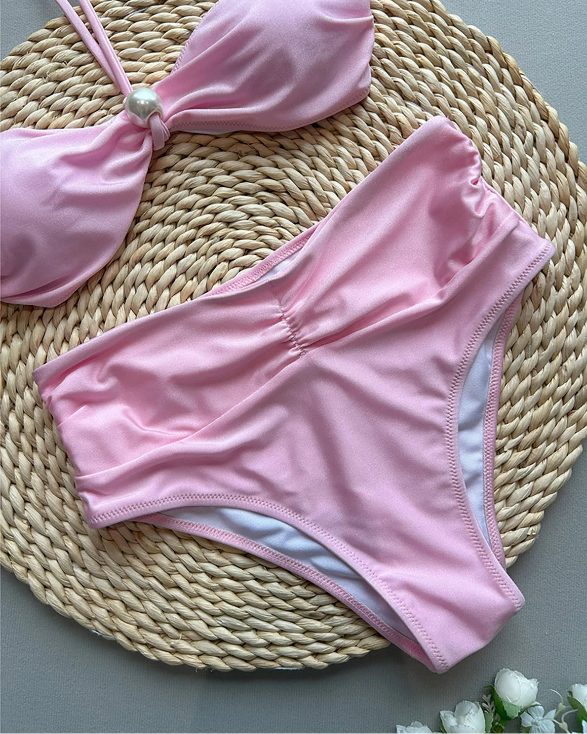 Pearl Detail High Waist Halter Bikini Set