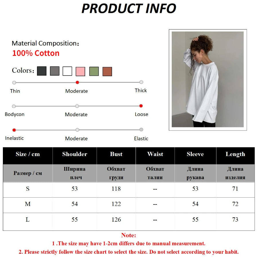 Women's 100% Cotton Bottoming Long Sleeve Loose T- Shirt