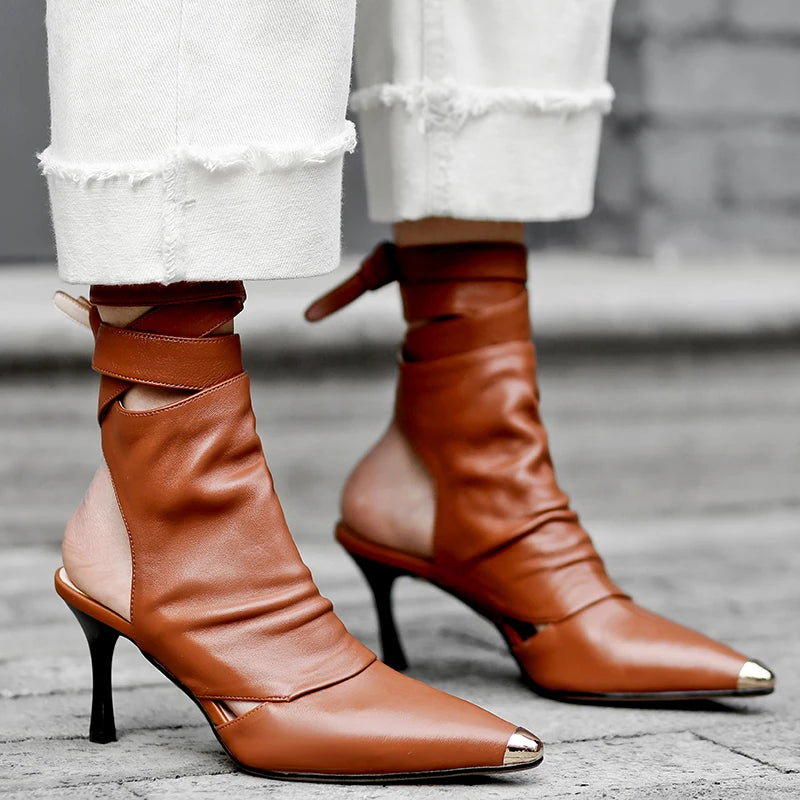 Women Pointed Toe Slingback Ankle Boots High Heels