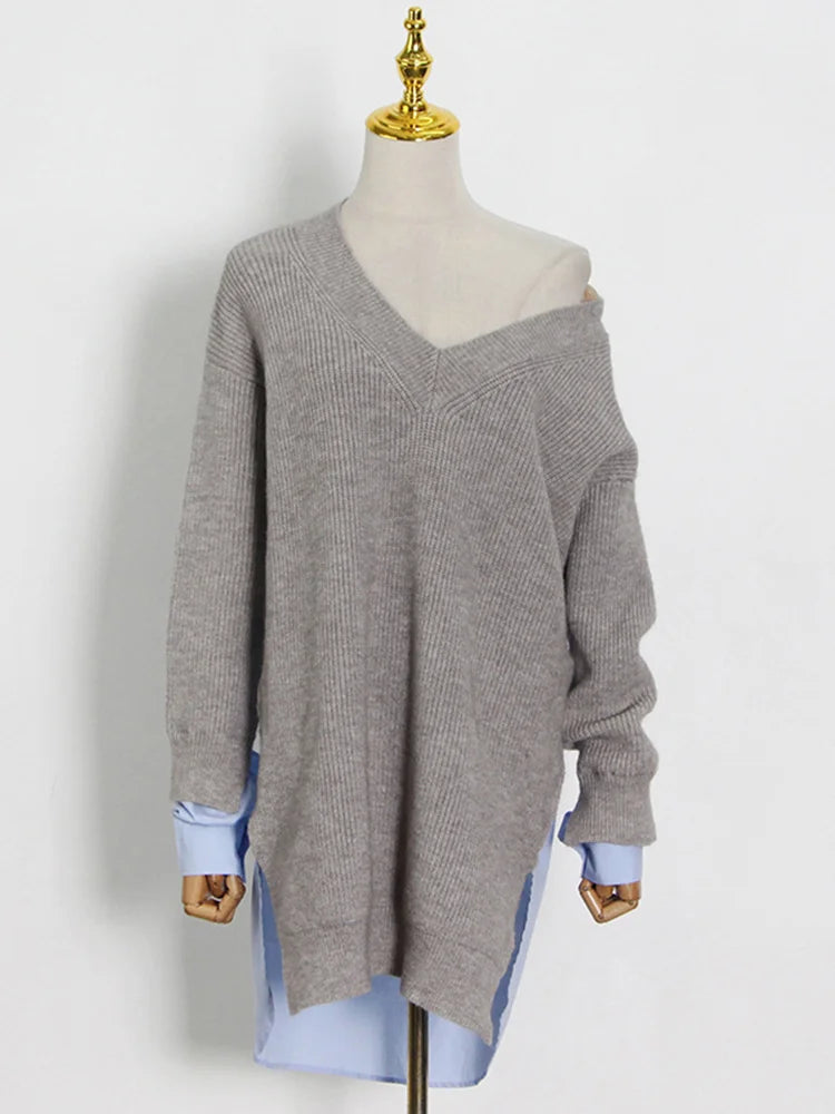 Women's Patchwork  V Neck Long Sleeve Loose Straight Knitting Pullover Sweater Shirt Dress