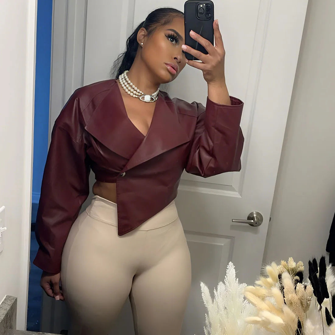 Women's PU Leather Cropped Jacket - Asymmetrical Single Button Coat