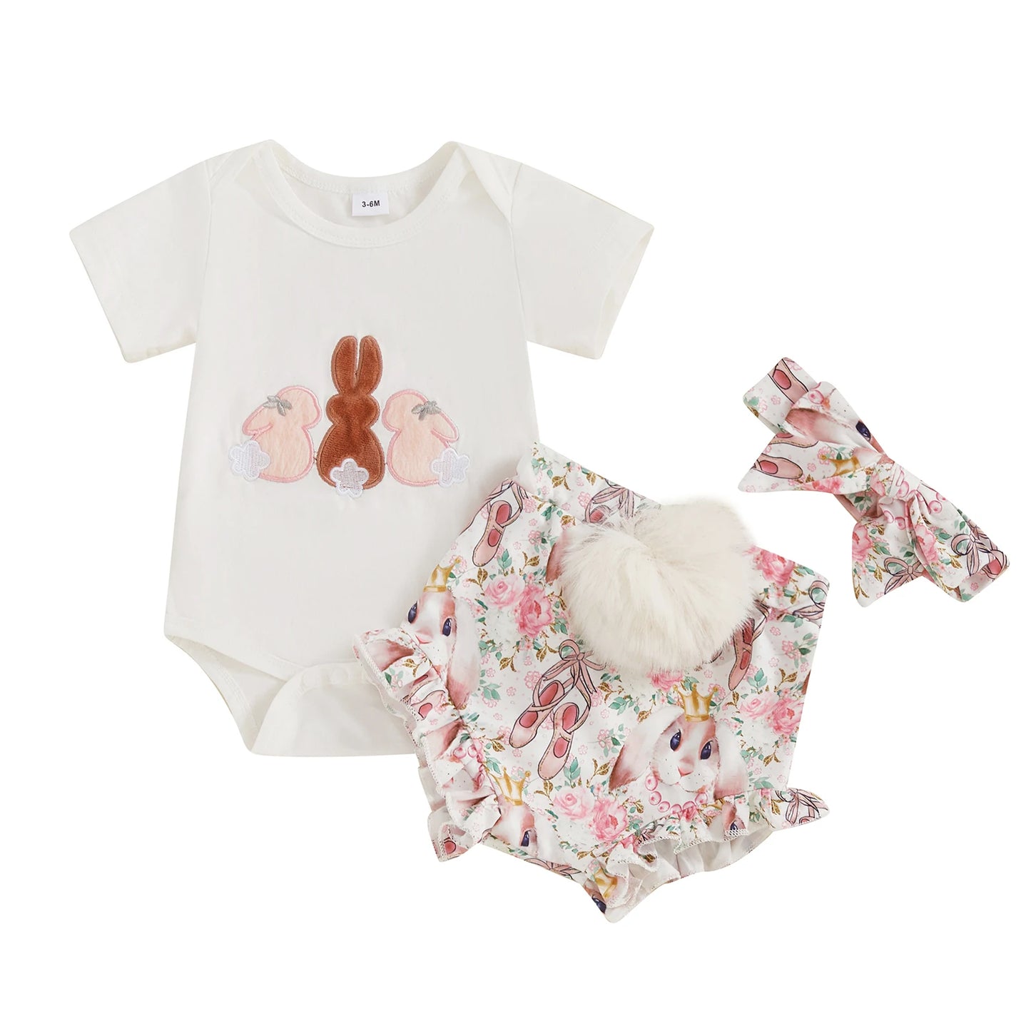 3pcs Baby Girls Easter Clothes Sets 0-18M Rabbit Print Short Sleeve Romper and Shorts Cute Headband