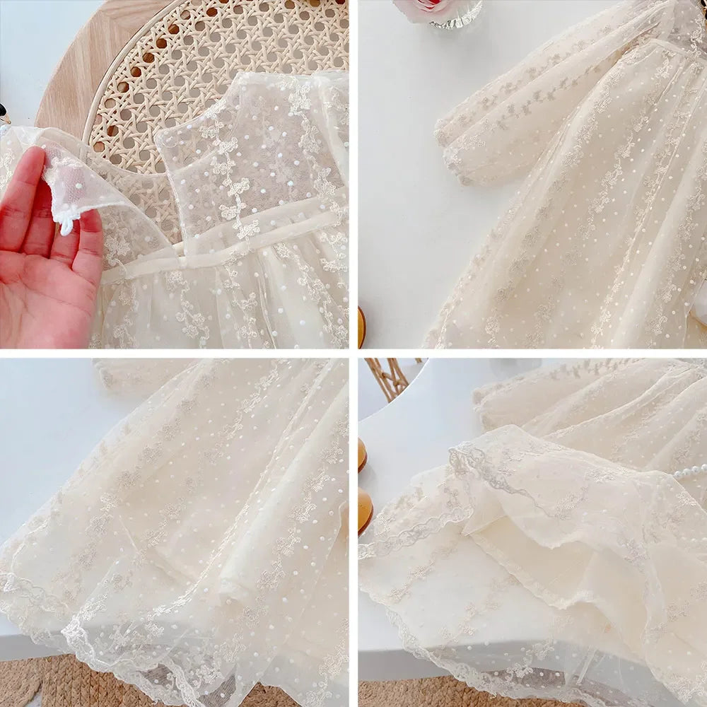 Girls' Lace Tulle Princess Dress – Long Sleeve Party & Wedding Dress
