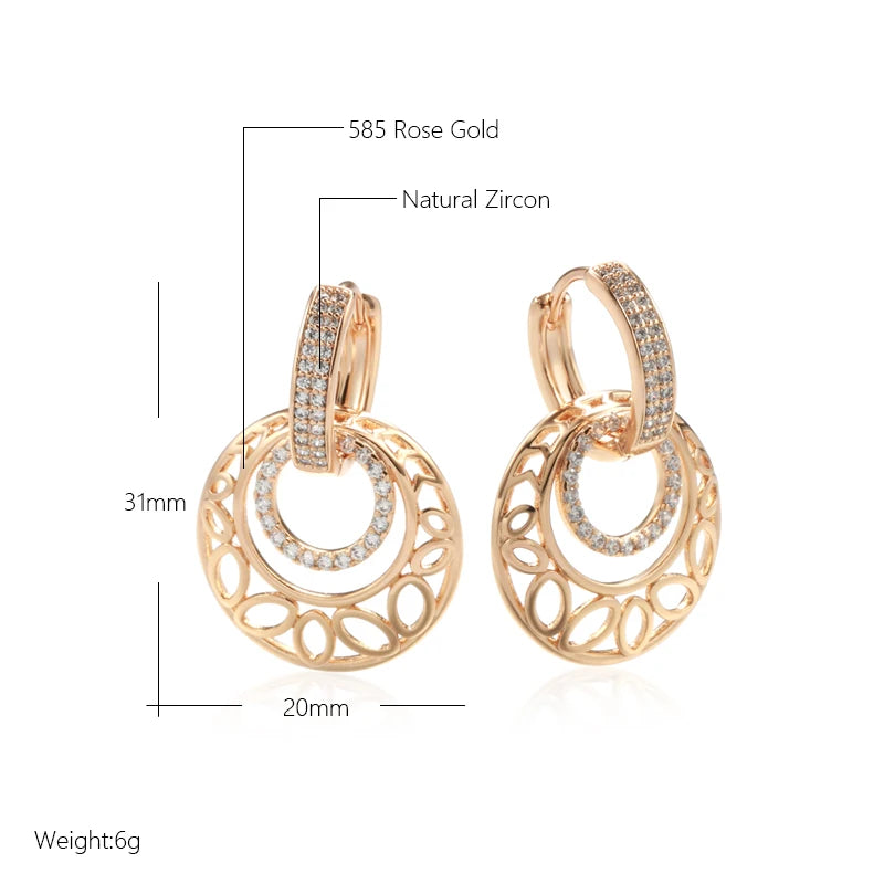 Women's Unusual Metal Sculpture Flower Natural Zircon 585 Rose Gold Dangle Earrings
