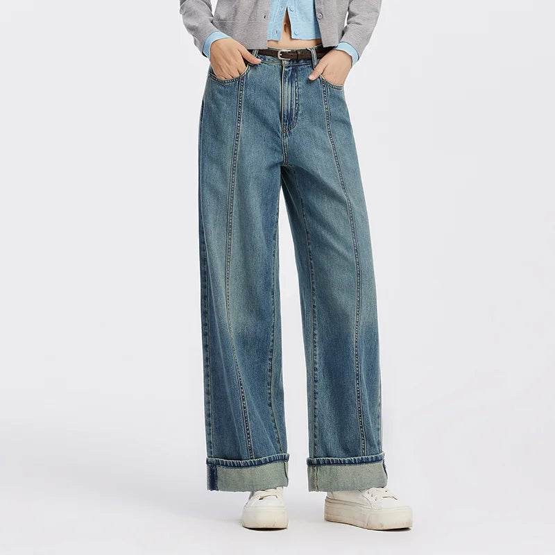 Women's Rolled Hem Loose Wide Leg Long Trousers