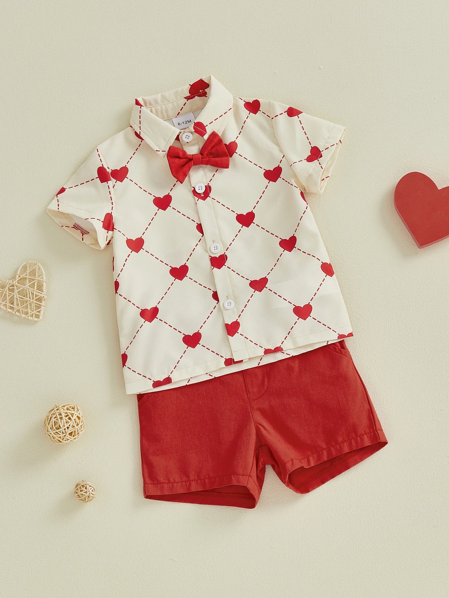Valentine's Day Baby Boy Outfit Set - Heart Print Bowtie Shirt & Solid Shorts