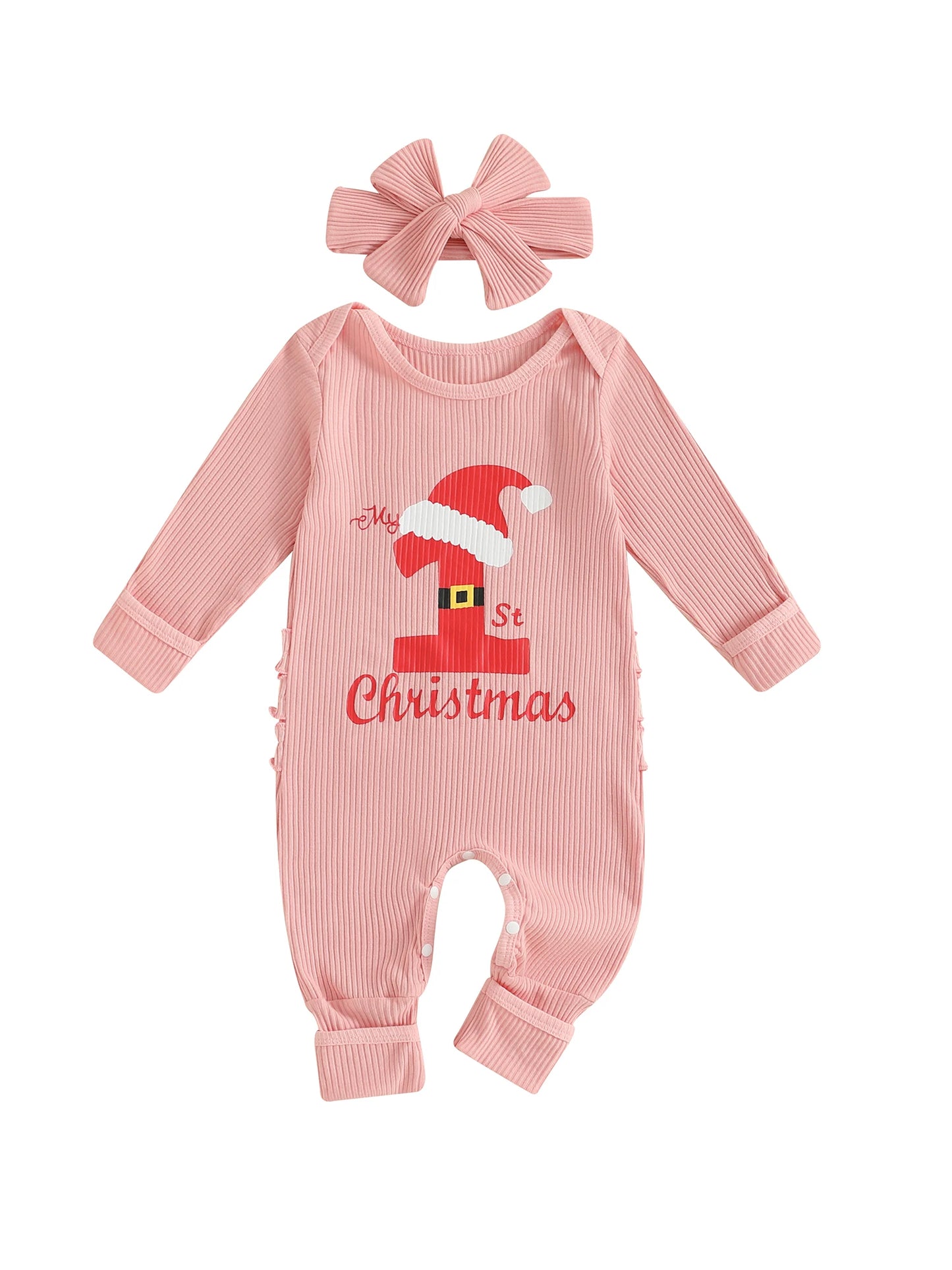 Baby Christmas Romper - Letter Hat Print Long Sleeve Jumpsuit with Headband (0-18M)