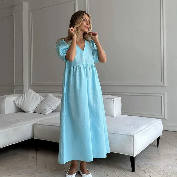 Women's  V-Neck Puff Sleeve Blue Dress- High Waisted Long  Dress