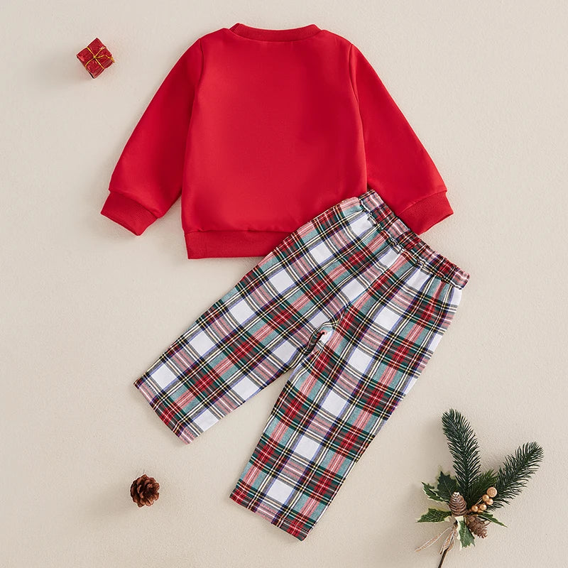 1-5Y Toddler Kids Boys Christmas Clothes Set- Xmas Tree Print Long Sleeve Sweatshirt with Plaid Pants Set