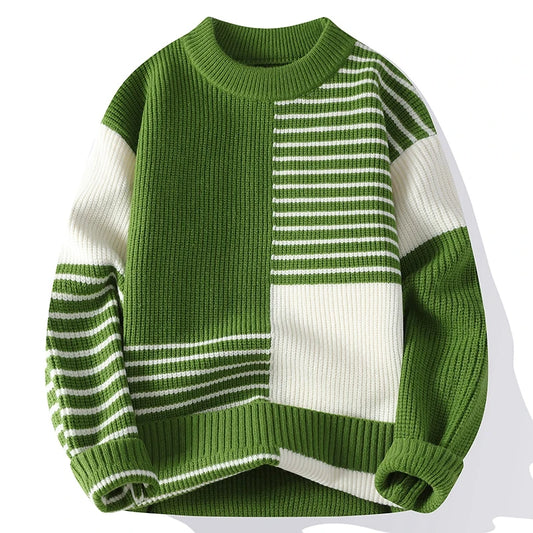 Autumn Winter Patchwork Striped Knit Pullover - O-Neck Loose Warm Sweater