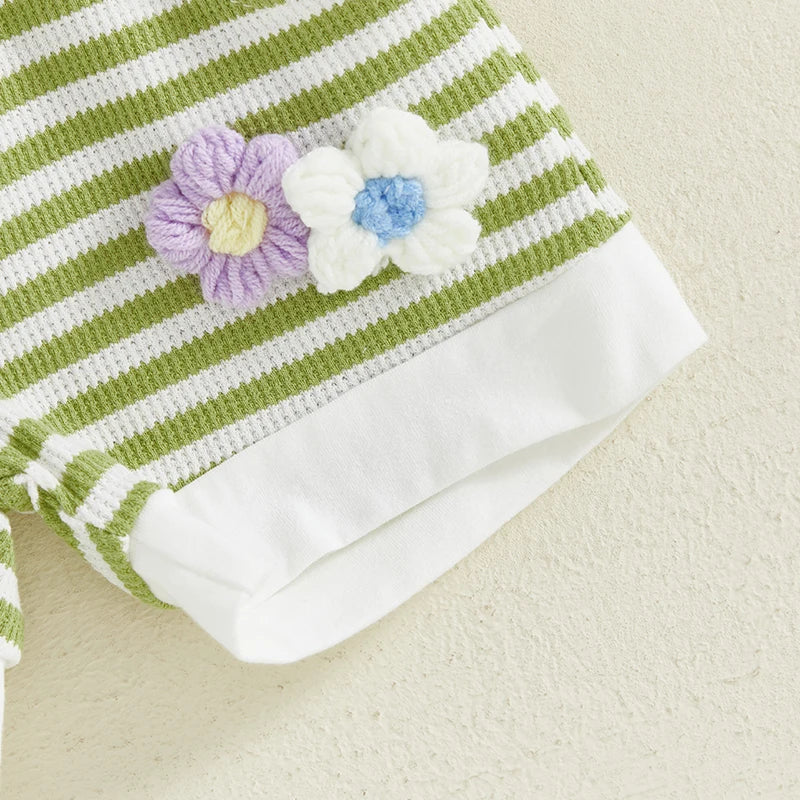 0-6Y Kids Girls Summer Clothes Sets Short Sleeve O Neck Flower Embroidery Striped T Shirts and Drawstring Shorts