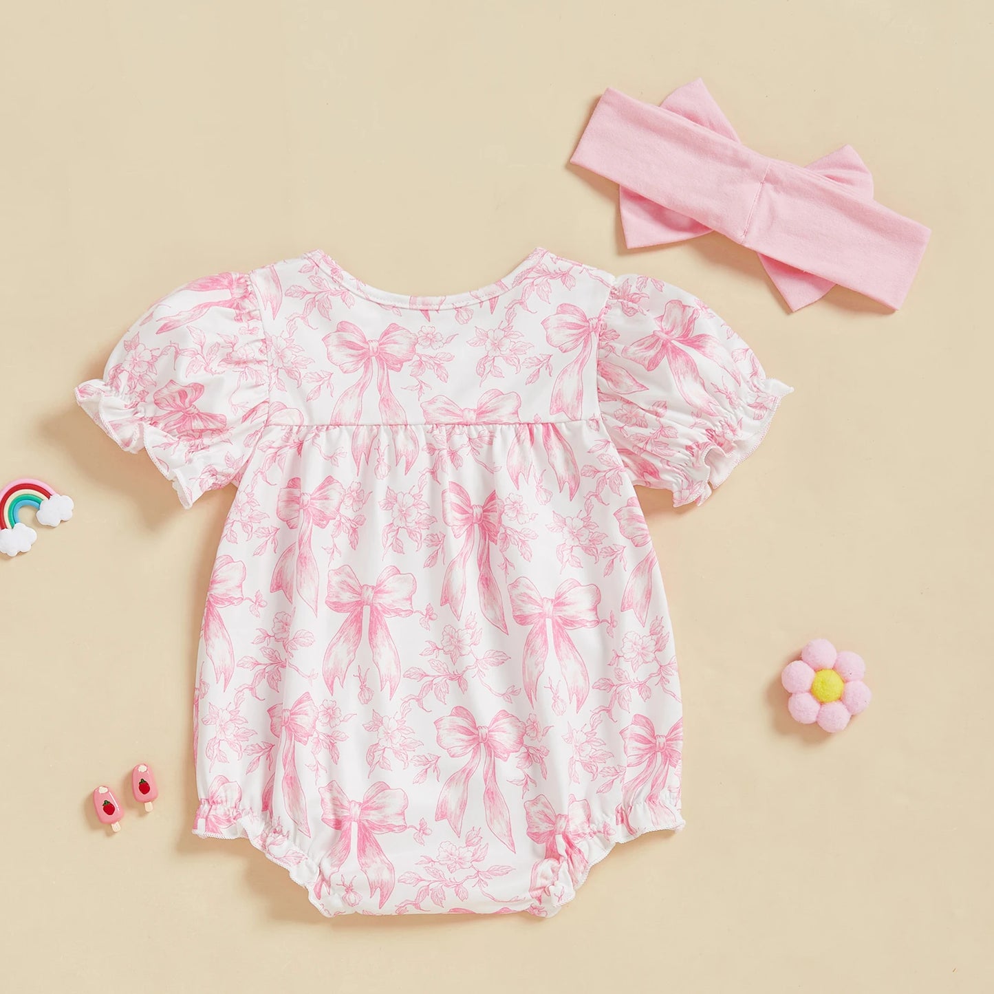 Baby Girls Bow Print Romper with Headband Set (0-18M)