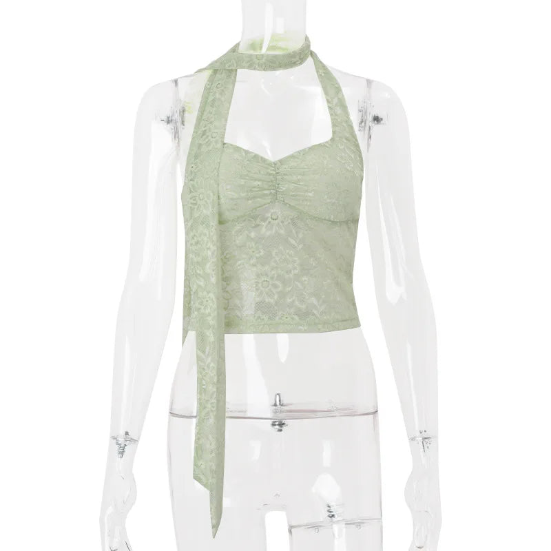 Women's Lace Halter Crop Top - Y2K Backless Sheer Summer Top