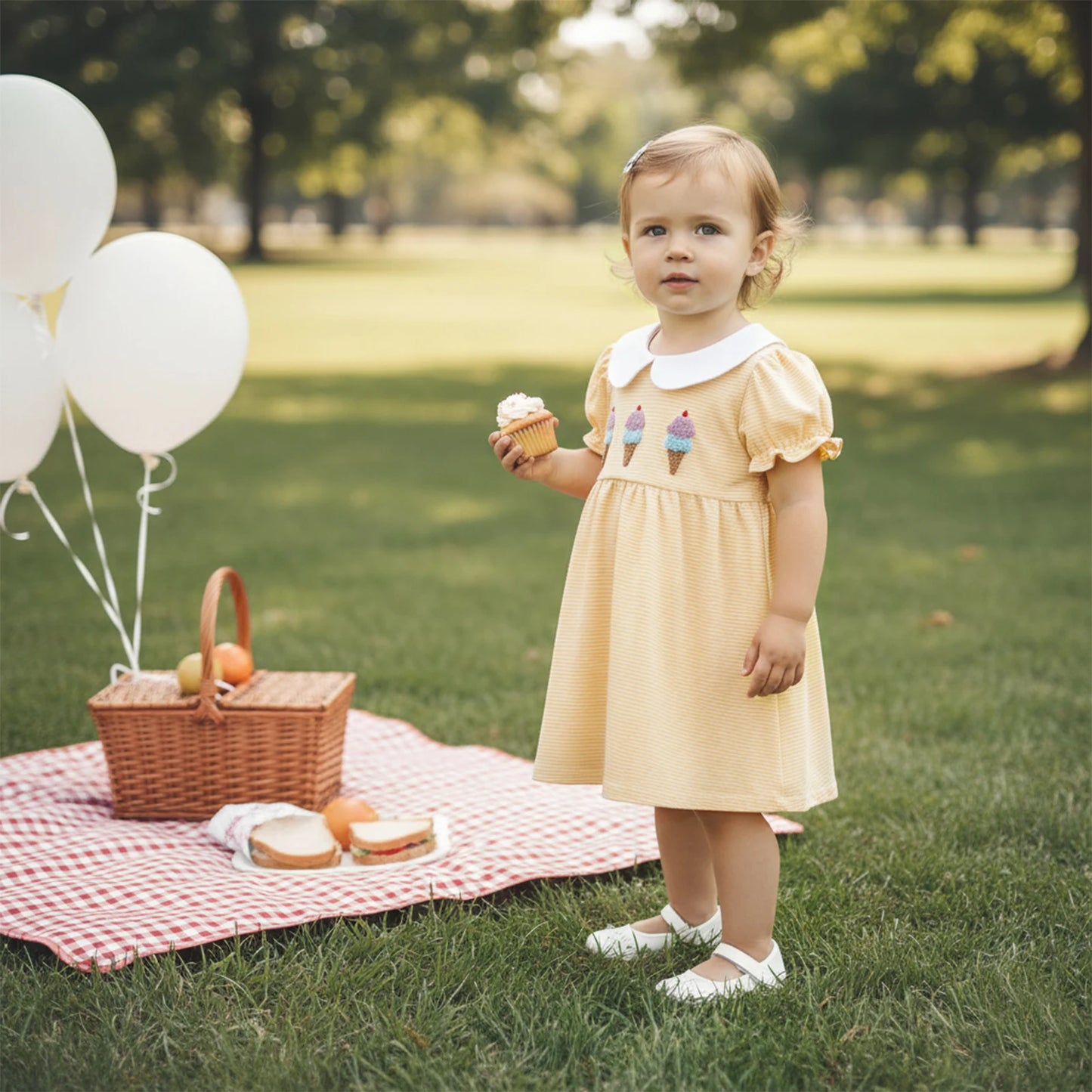 Girls A-Line Dress - Ice Cream Embroidery Striped Doll Collar Dress