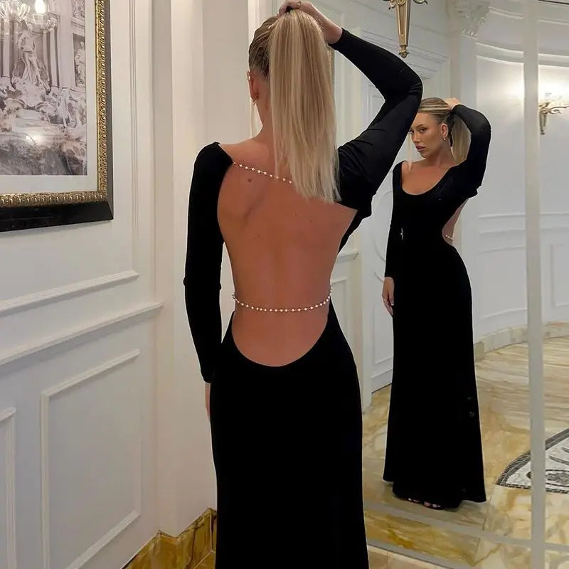 Women's Backless Maxi Dress - Long Sleeve Embellished Chain Gown Dress