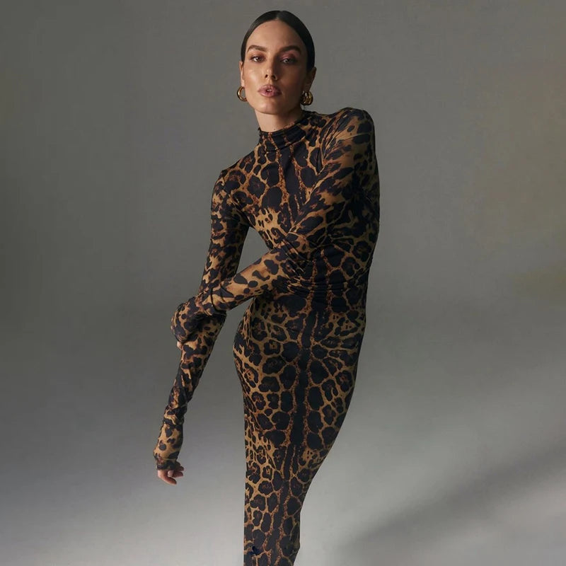 Women's Leopard Print Maxi Long Sleeve Gown Dress