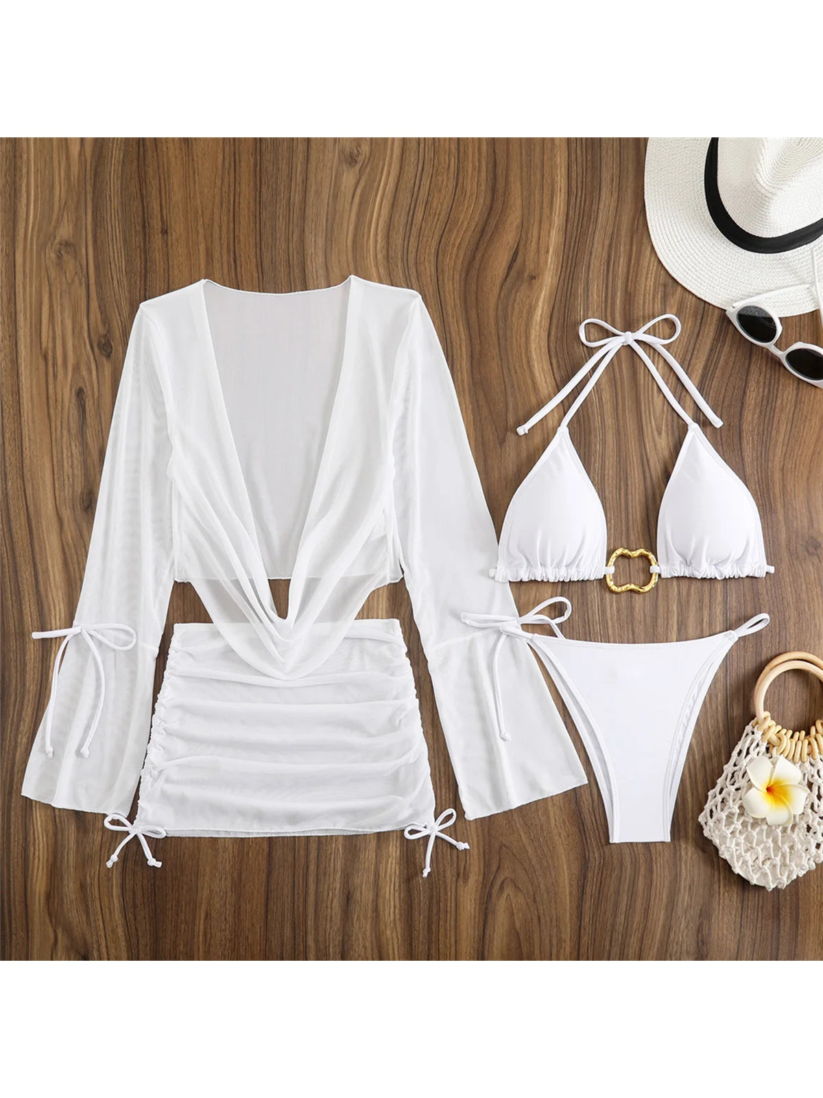 Women's Long Sleeve Cover Up Skirt Halter Bikini Swimsuit Swimwear Four-pieces Bikini Set