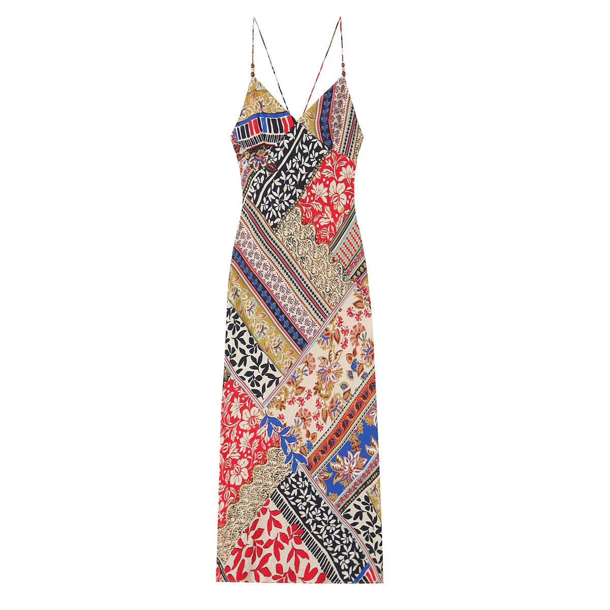 Women's Ruffled Hem Hanging Collar Suspender Dress - Retro Patchwork Print