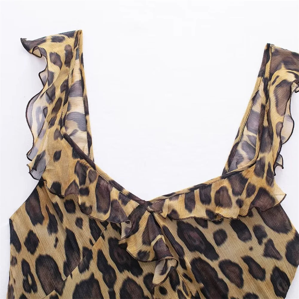 Women's Spring and Summer  Temperament Ruffle Edge Leopard Print Dress