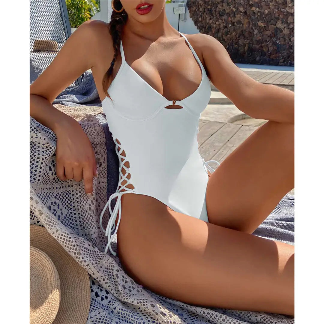 Women's Lace Up Underwired One Piece Swimwear Backless Swimsuit